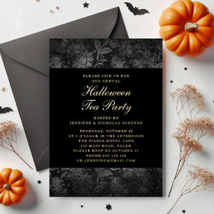 Invitación Con Relieve Metalizado Fiesta de té de Halloween de Damasco Negro Gótico 