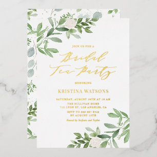 Invitación Con Relieve Metalizado Fiesta de té nupcial con vegetación y flores blanc