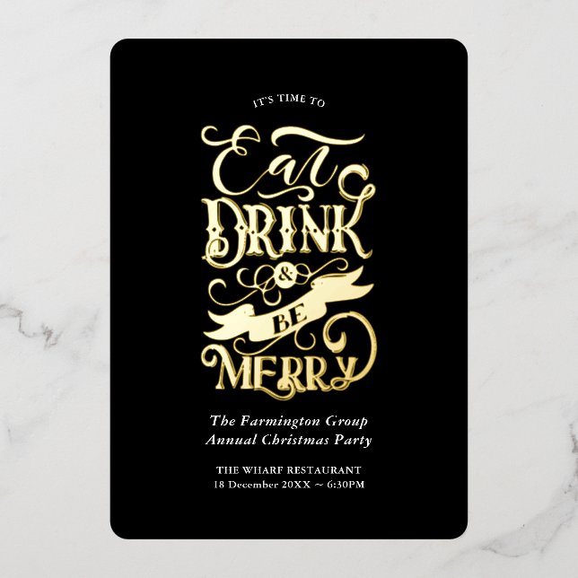 Invitación Con Relieve Metalizado Fiesta de vacaciones de oro negro come bebida (Anverso)