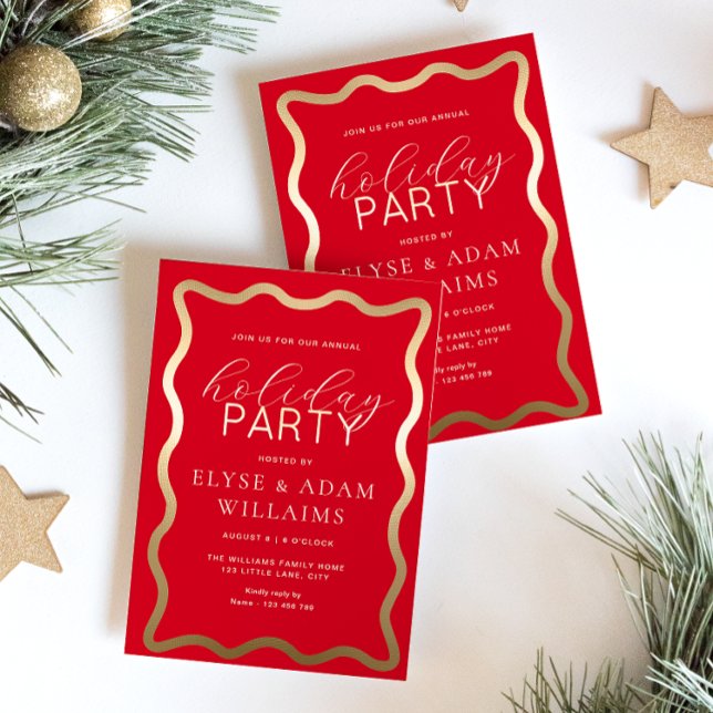 Invitación Con Relieve Metalizado Fiesta de vacaciones rojas de oleada (Holiday Party Red Gold Foil Invitation )