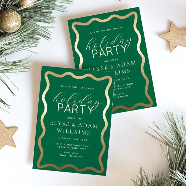 Invitación Con Relieve Metalizado Fiesta de vacaciones Wave Green (Holiday Party Green Gold Foil Invitation )
