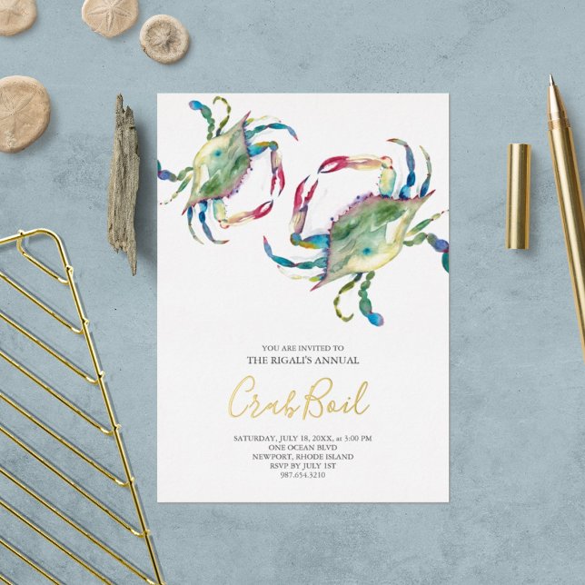 Invitación Con Relieve Metalizado Fiesta de Verano con Hervido de Cangrejo (Crab boil or a low country boil invitation features watercolor art by Victoria Grigaliunas )