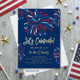 Invitación Con Relieve Metalizado Fiesta del 4 de Julio Festivos Fuegos Artificiales