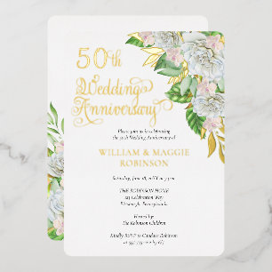 Invitación Con Relieve Metalizado Fiesta del 50° aniversario de Orquídea Rosa Blanca
