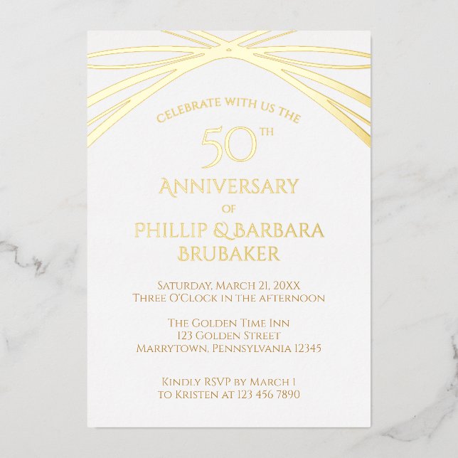 Invitación Con Relieve Metalizado Fiesta del 50° Aniversario del Arco Moderno de Oro (Anverso)