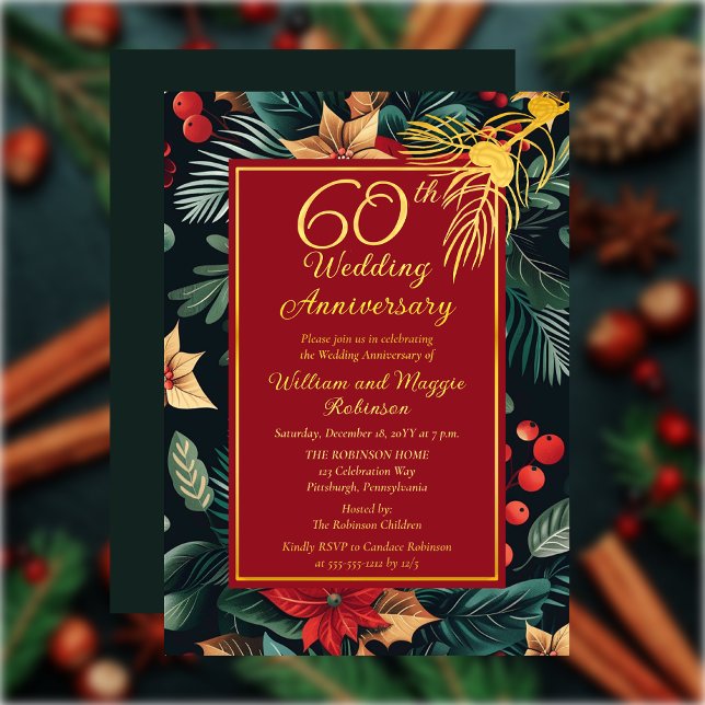 Invitación Con Relieve Metalizado Fiesta del 60º Aniversario de la floral de festivi (Dark Floral Winter | Christmas Holiday 60th Wedding Anniversary Party Gold Foil Invitation)