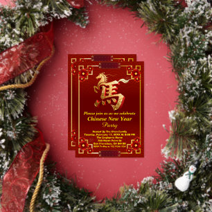 Invitación Con Relieve Metalizado Fiesta del Año Nuevo Chino Rojo Caballo de Oro Per