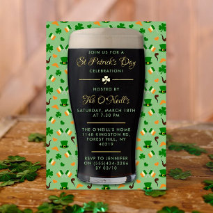 Invitación Con Relieve Metalizado Fiesta del Día de San Patricio Pinta de Guinness I