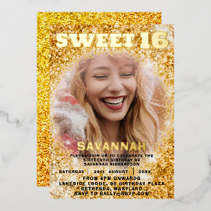 Invitación Con Relieve Metalizado Fiesta Dulces 16 Años con Hojuela de Oro y Brillo