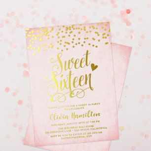 Invitación Con Relieve Metalizado Fiesta Dulces 16 Confeti Rosa y Dorado