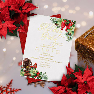 Invitación Con Relieve Metalizado Fiesta elegante de Navidad con acebo floral