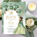 Invitación Con Relieve Metalizado Fiesta Elegante de Rosa Verde Salvia Floral Dulce<br><div class="desc">Elegante y clásico verde salvia con acentos dorados florales combinados con un panel arqueado blanco y dorado sobre un fondo claro diseño de fiesta "Dulce 16". Cuenta con una belleza morena de cabello oscuro a negro en un vestido de baile fluido de color verde salvia. Diseño compuesto por Holiday Hearts...</div>