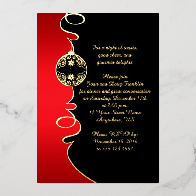 Invitación Con Relieve Metalizado Fiesta elegante Red Black Gold Swirls Navidades (Anverso)