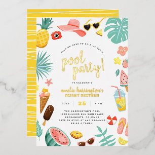 Invitación Con Relieve Metalizado Fiesta en la Piscina con Sandía, Piña y Hojas Trop
