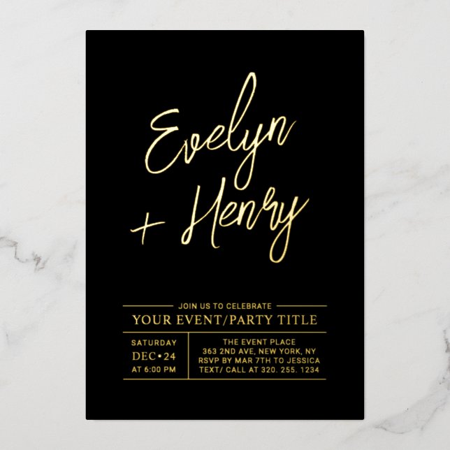 Invitación Con Relieve Metalizado Fiesta evento moderno dorado y negro para cualquie (Anverso)