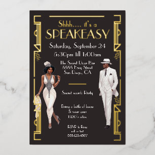 Invitación Con Relieve Metalizado Fiesta Flapper Speakeasy Afroamericana Negra