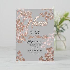 Invitación Con Relieve Metalizado Fiesta floral elegante gris personalizado
