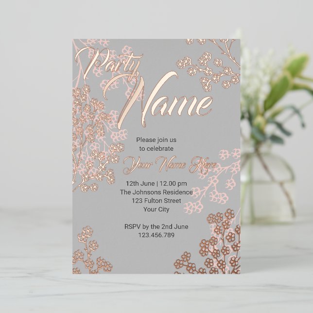 Invitación Con Relieve Metalizado Fiesta floral elegante gris personalizado (Anverso de pie)