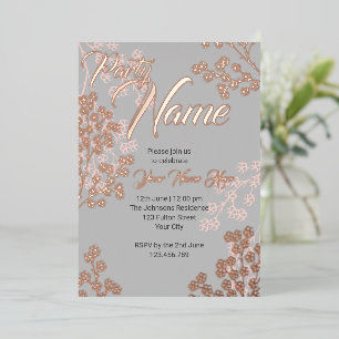 Invitación Con Relieve Metalizado Fiesta floral elegante gris rosa personalizada