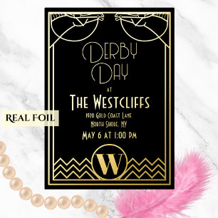 Invitación Con Relieve Metalizado Fiesta Gatsby Art Deco Caballo Derby Negro
