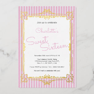 Invitación Con Relieve Metalizado Fiesta Glam Princess de Dulces 16 con Rayas Rosada