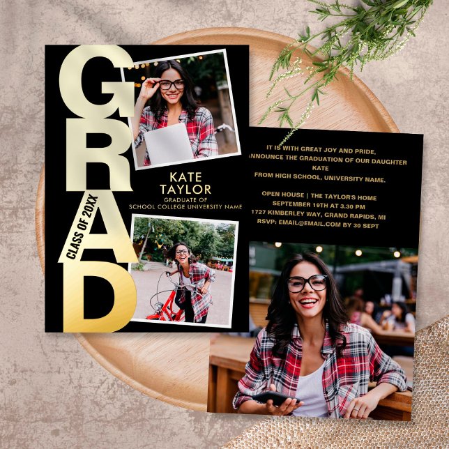 Invitación Con Relieve Metalizado Fiesta Grad Moderno 3 Foto Negro Y Oro (Subido por el creador)
