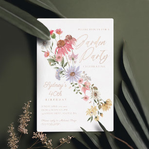 Invitación Con Relieve Metalizado Fiesta Jardín Acuarela Flor silvestre Cumpleaños F