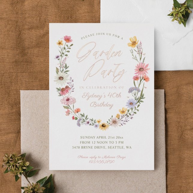 Invitación Con Relieve Metalizado Fiesta Jardín Acuarela Flor silvestre Cumpleaños F (Subido por el creador)