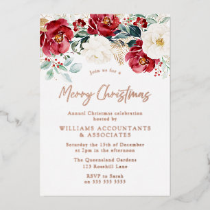 Invitación Con Relieve Metalizado Fiesta Merry Christmas Floral Blanca Roja Hoja Dor