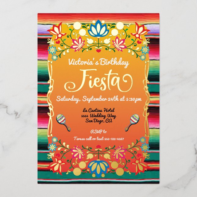 Invitación Con Relieve Metalizado Fiesta Mexicana Fiesta Cumpleaños (Anverso)