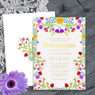 Invitación Con Relieve Metalizado Fiesta Mexicana Quinceañera Floral Oro Real