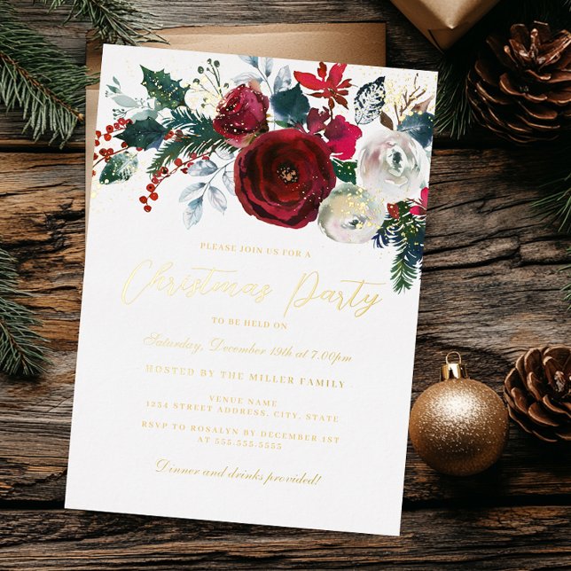 Invitación Con Relieve Metalizado Fiesta Navidades de Jolly Gold Shimmer Flowers (Subido por el creador)