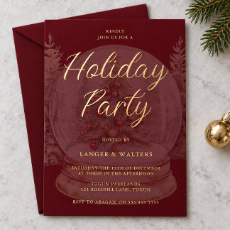 Invitación Con Relieve Metalizado Fiesta Navideña Bola de Navidad Roja y Dorada