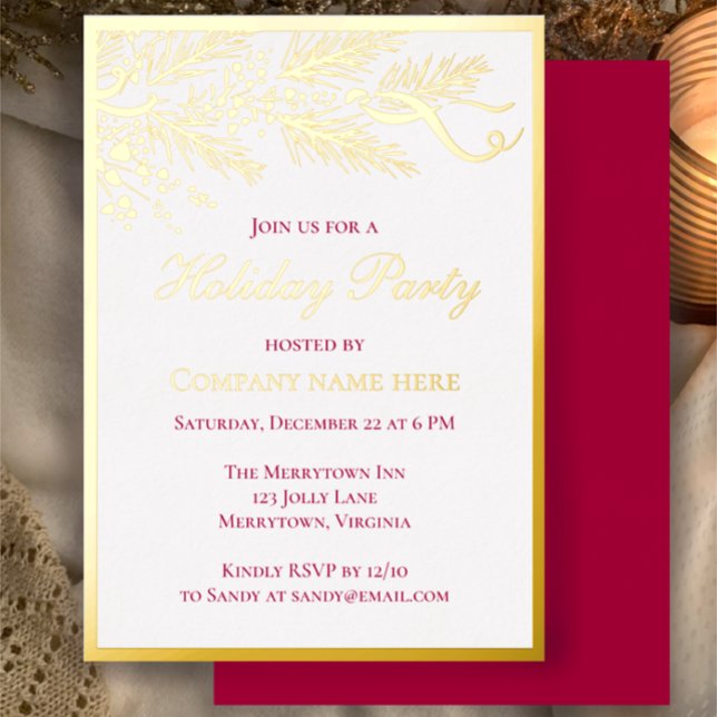 Invitación Con Relieve Metalizado Fiesta Navideña Botánica Roja Elegante Corporativa (Customize this template for a business holiday party invitation. Elegant unique gold foil invitation)
