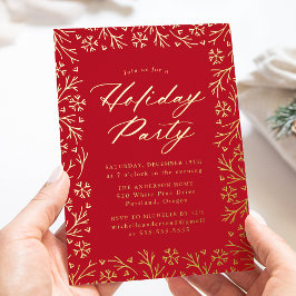 Invitación Con Relieve Metalizado Fiesta Navideña de Copo de Nieve Rojo y Dorado Ele
