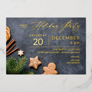 Invitación Con Relieve Metalizado Fiesta Navideña de Galleta de Jengibre y Naranja