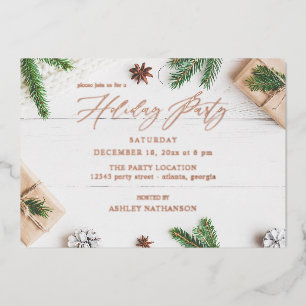Invitación Con Relieve Metalizado Fiesta Navideña de Hojas de Pino Rústicas Acogedor
