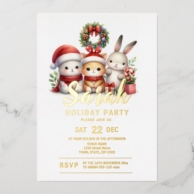 Invitación Con Relieve Metalizado Fiesta navideña de navidades (Anverso)