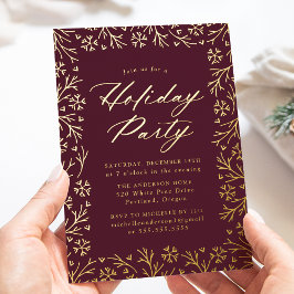 Invitación Con Relieve Metalizado Fiesta Navideña Elegante de Bayas y Copos de Nieve