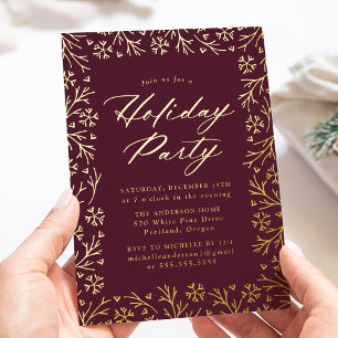 Invitación Con Relieve Metalizado Fiesta Navideña Elegante de Bayas y Copos de Nieve
