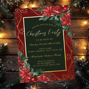 Invitación Con Relieve Metalizado Fiesta Navideña Floral Festiva Roja Marco Verde