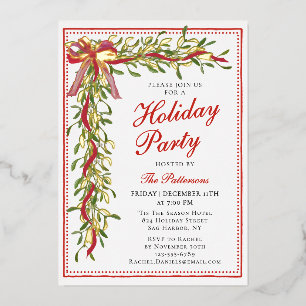 Invitación Con Relieve Metalizado Fiesta Navideña Lazo de Muérdago Moderno Navidad
