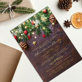 Invitación Con Relieve Metalizado Fiesta Navideña Rústica de Campo