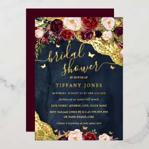 Invitación Con Relieve Metalizado Fiesta Nupcial de Encaje Burgundy Naval Floral Dor