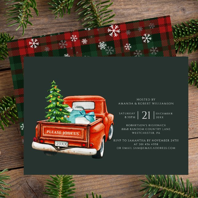 Invitación Con Relieve Metalizado Fiesta Plata de Navidades de Plástico Rústico (Classic Red Truck Christmas Party Invitation Silver Foil Card)