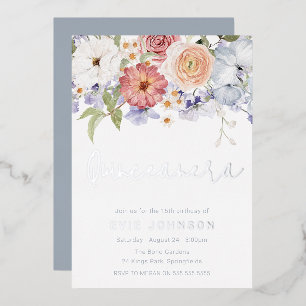 Invitación Con Relieve Metalizado Fiesta Quinceañera Botánica Azul Polvo Plateada
