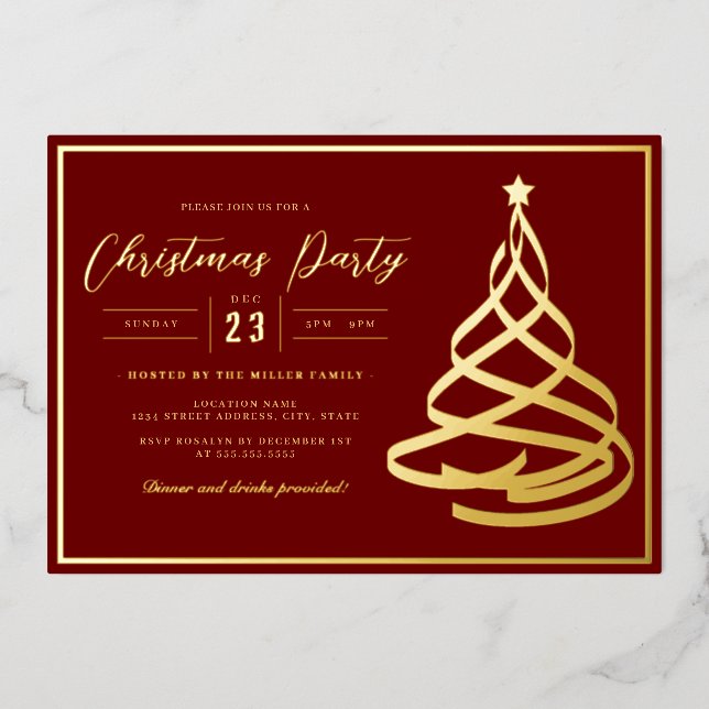 Invitación Con Relieve Metalizado Fiesta Red Elegant Gold Tree Navidades (Anverso)