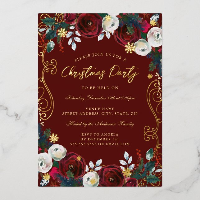 Invitación Con Relieve Metalizado Fiesta Relieve metalizado de Navidades Rojo Floral (Anverso)