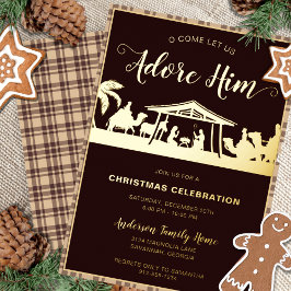Invitación Con Relieve Metalizado Fiesta religiosa de Navidad marrón y dorada