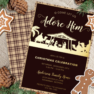 Invitación Con Relieve Metalizado Fiesta religiosa de Navidad marrón y dorada